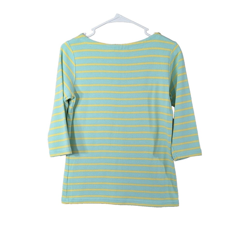 LL Bean Women SMALL Green Yellow Stripe 100% Cotton 3/4 Sleeve Pullover Sweater